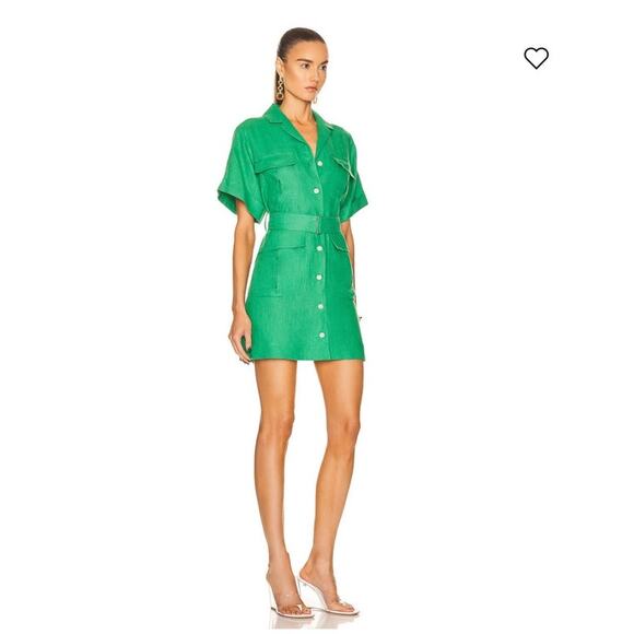 MATTHEW BRUCH Linen Button Front Safari Dress in Kelly Green Belted Women's 4 - Picture 2 of 11